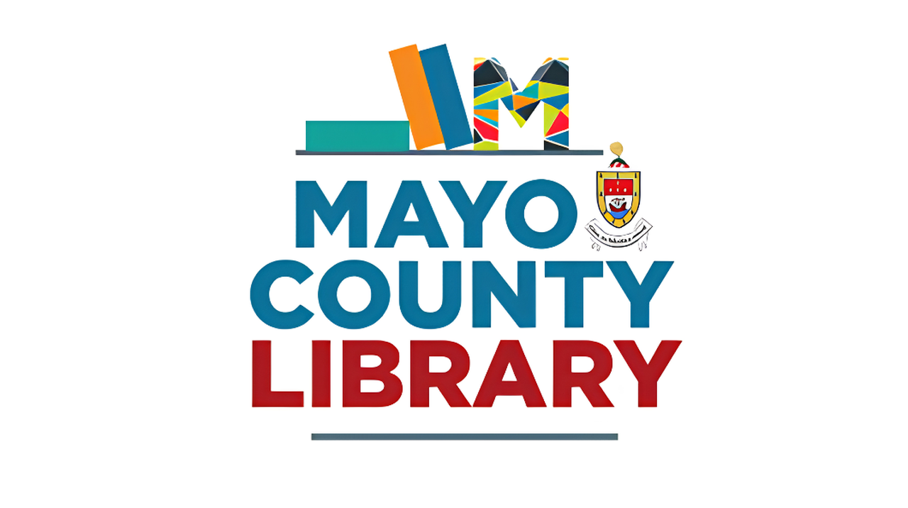 Logo of Mayo County Library with colorful book-like graphics and a coat of arms beside the text.